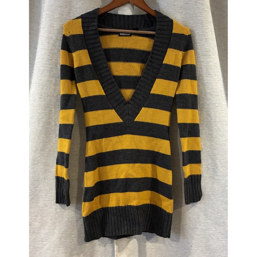 Wet Seal Y2K Sweater Dress Womens XS Mustard Gray Striped Deep V-Neck Grunge